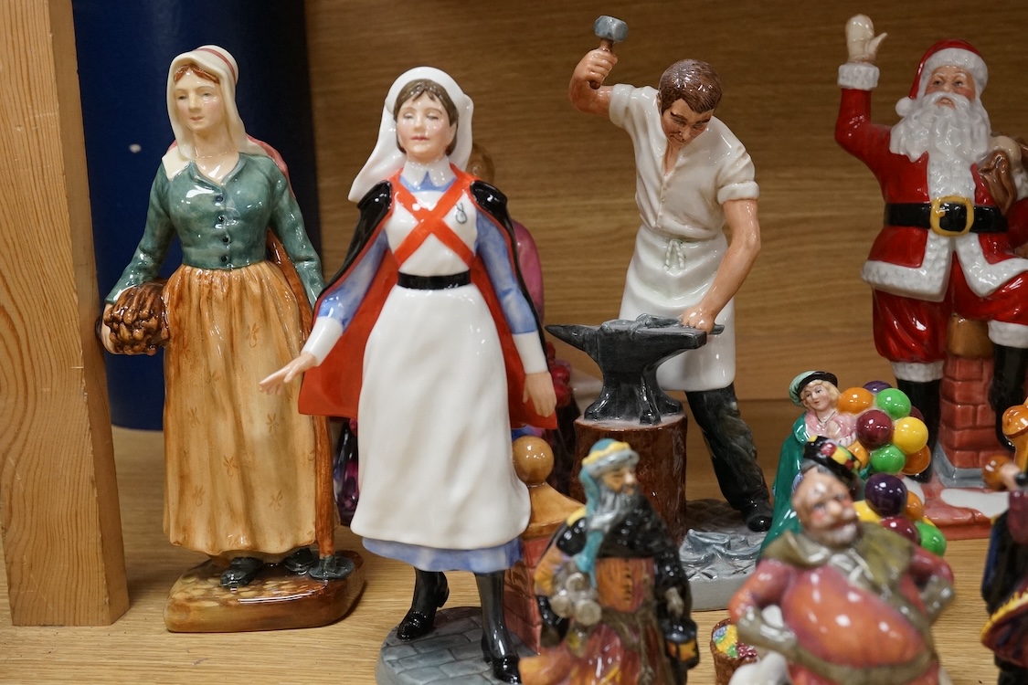 A collection of Royal Doulton figures to include The Railway Sleeper, Blacksmith, Biddy Pennyfarthing, Nurse, French Peasant, etc, largest 24cm high